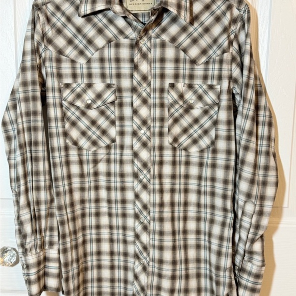 Wrangler Men's Casual Plaid Small Shirt Brown and Cream w/pearl snaps EUC CM